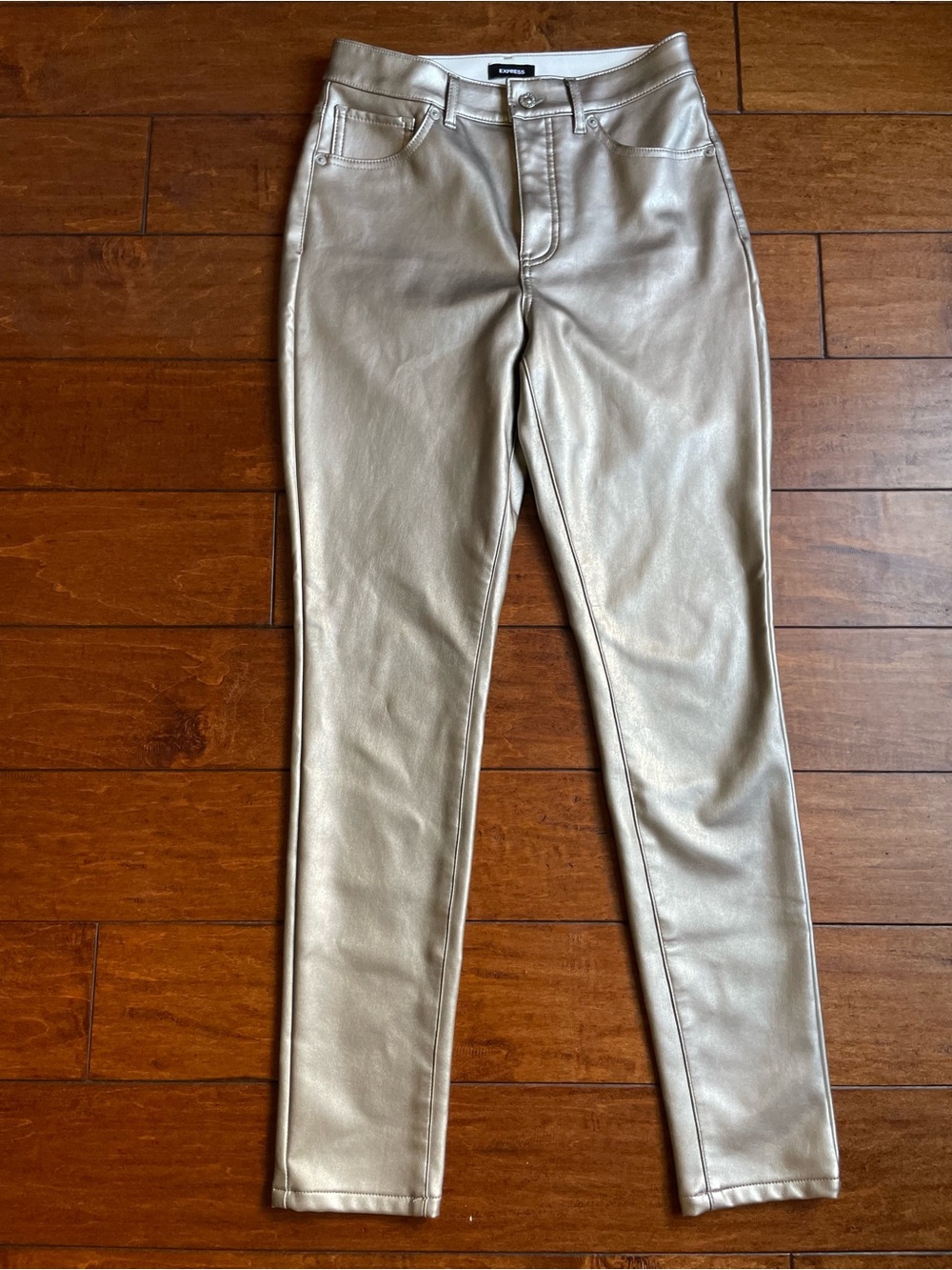 NWOT Express Metallic Gold Faux Leather High Rise Skinny Pants Size 6L